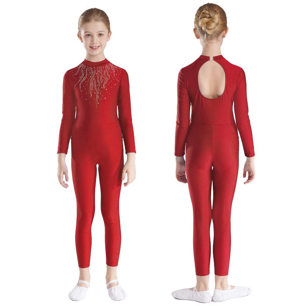 Детский гимнастический комбинезон с блестящими стразами для девочек, с длинным рукавом, танцевальный купальник для балета, фигурного катания, акробатики, йоги, для выступлений