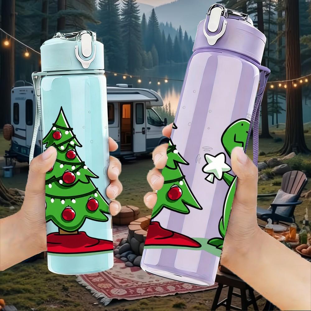 1PC Christmas Tree Dinosaur 750ml Color Plastic Sports Water Bottle Leakproof Flip Straw Lid Suitable for Sports Office Home Use