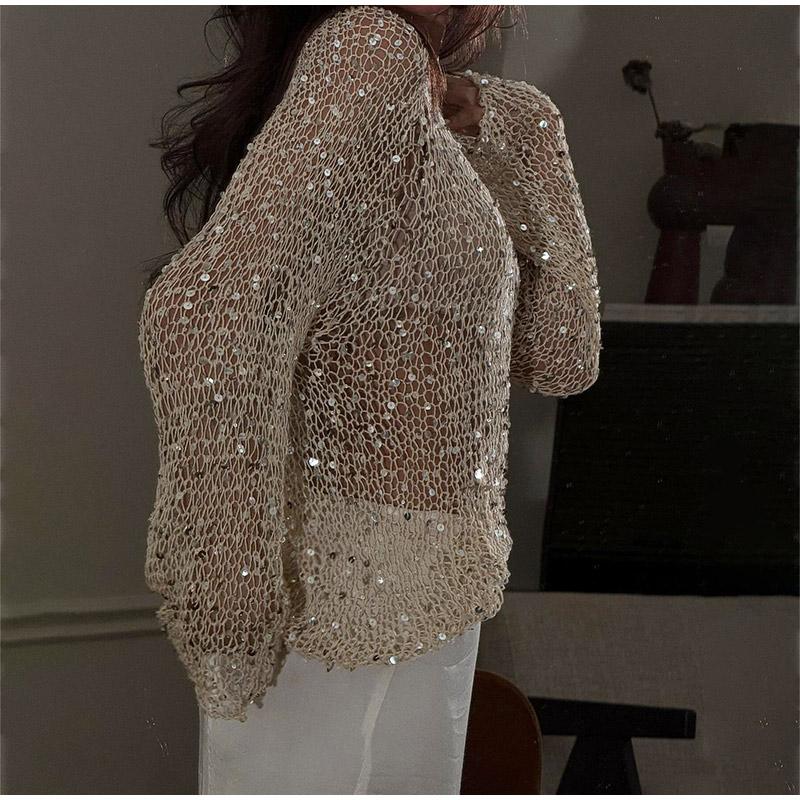 Elegant Women's Sequins Hollow Out Pullover Loose Knit O-neck Long Sleeve Female Sweater 2025 Spring Summer Lady Sexy Glitter Pullovers