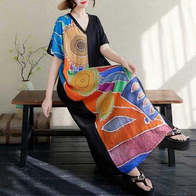 Женское хлопково-льняное ретро платье с коротким рукавом и цветными блоками, приталенного силуэта