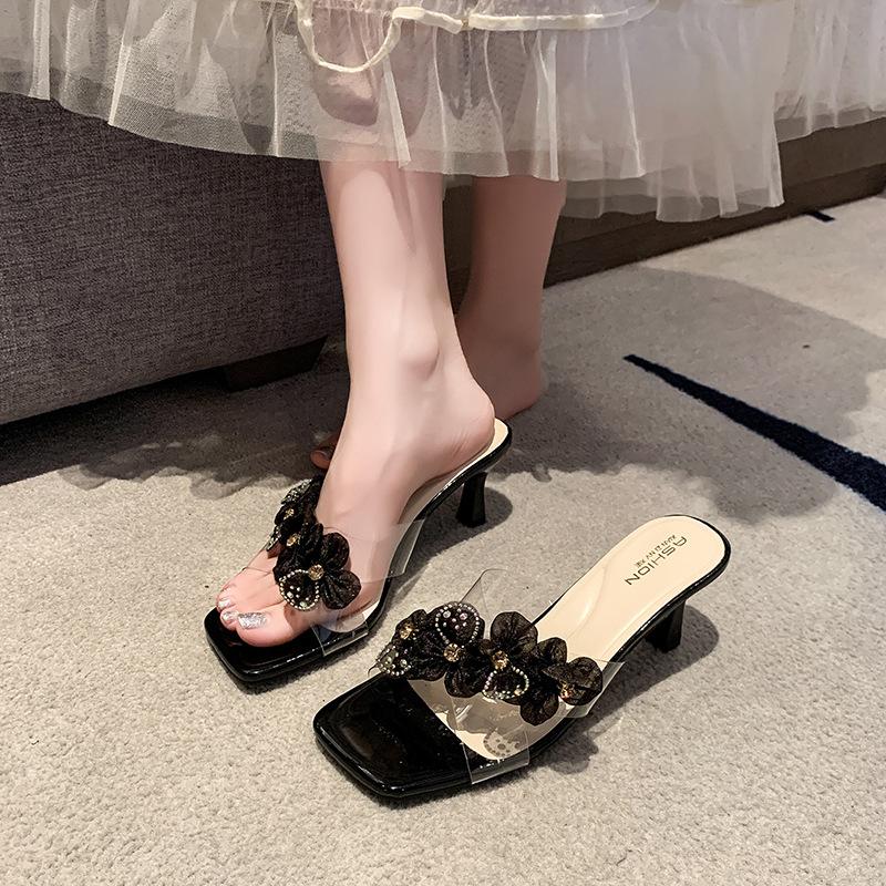Женские тапочки 2025 лето новые милые цветы прозрачный кристальный каблук особой формы на высоком каблуке крутые тапочки женские
