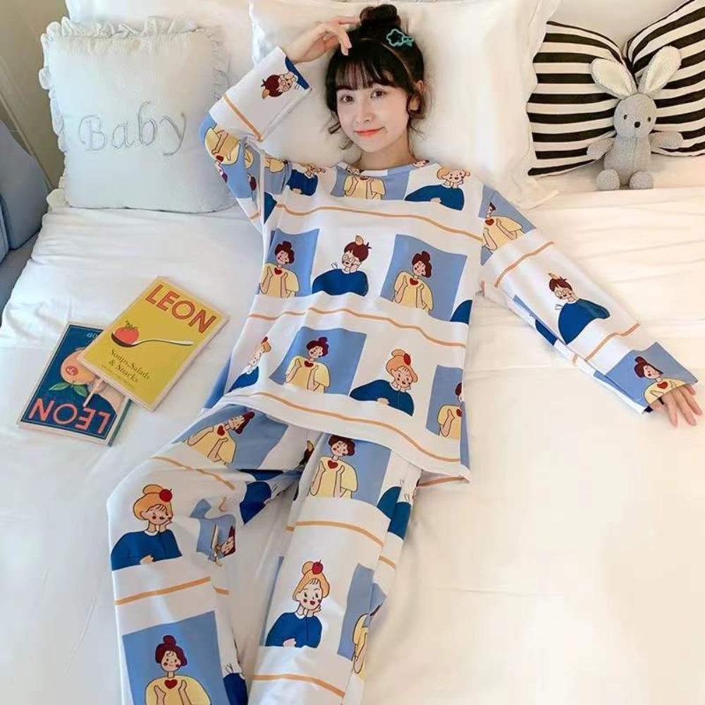 Cartoon Cute Patterned Long Sleeved Pajamas Set Female Spring Sleepwear Comfortable Cotton Round Neck Pajamas