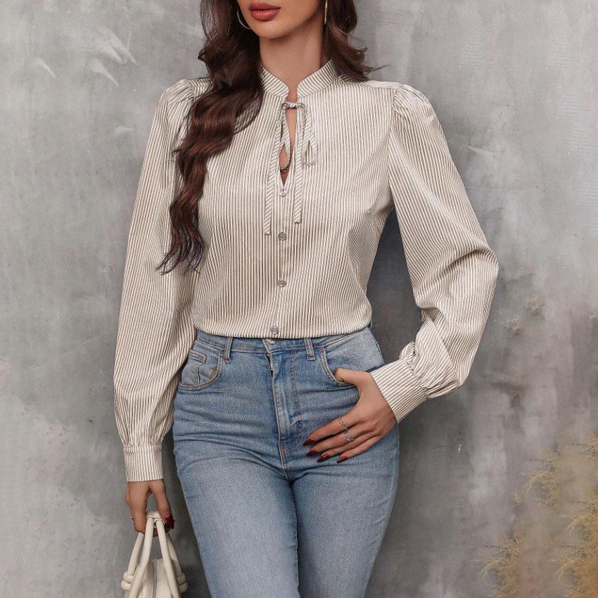 Женская весенняя повседневная рубашка с V-образным вырезом и застежкой на пуговицы в полоску с длинным рукавом