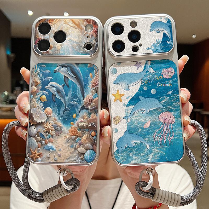 Кожаный чехол-шнурок с принтом «Звездное море и дельфины» для iPhone 18 Pro Max 17 16 15 14 13 Pro Max, роскошный гибридный чехол из ТПУ+ПУ, противоскользящий, мягкий чехол для телефона