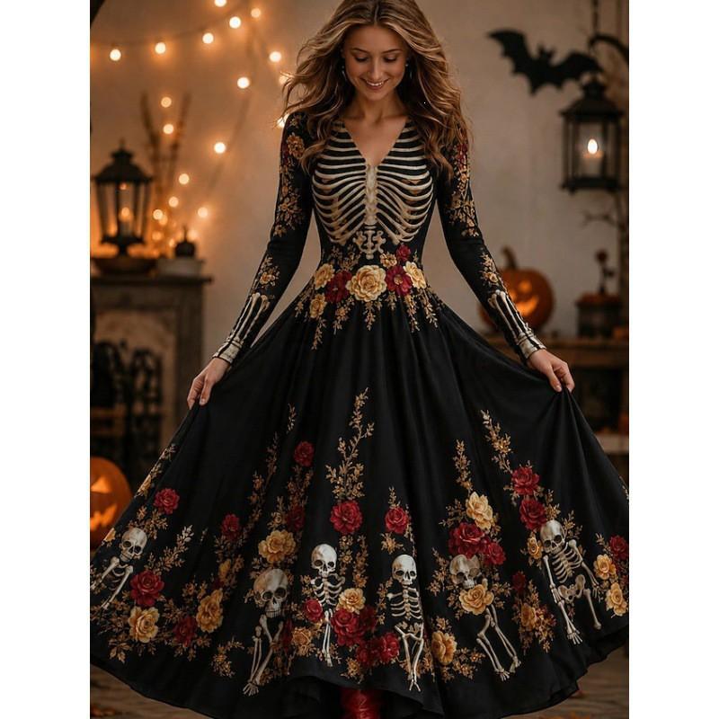 Halloween Long A-Line Dress Vintage Bohemian Style Skull Print V-Neck Full Sleeve Party Wear