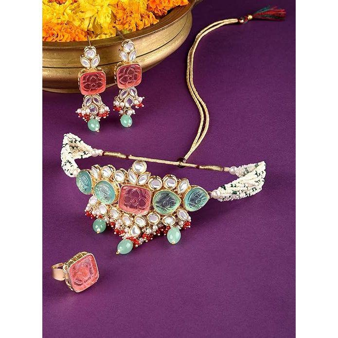 Многоцветные камни и бусины, многорядное колье-колье Kundan из бисера, ожерелье, серьги и кольца, комплект для женщин