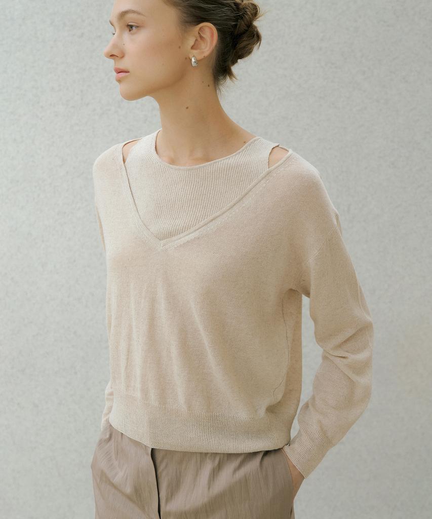 OCTETTE Linen V-Cut Layerd Knit_2Color