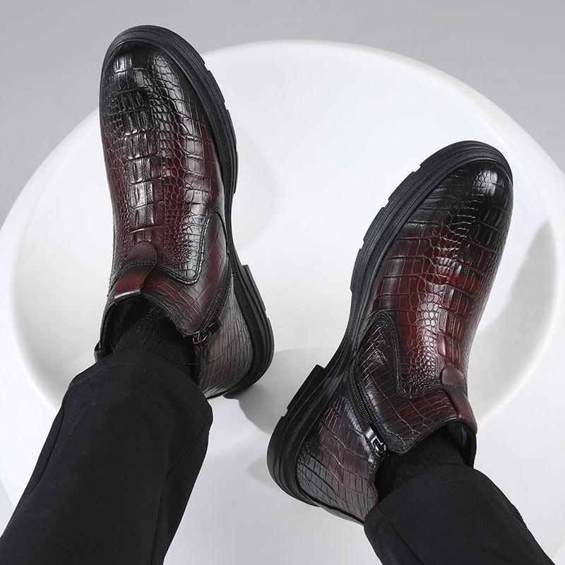 Качественные мужские деловые ботинки из коровьей кожи, осенне-зимние теплые меховые зимние ботинки, мужские ботильоны с крокодиловым узором, мужская обувь