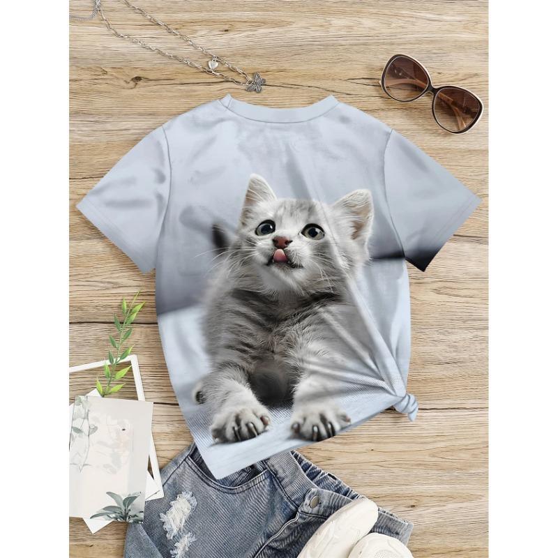 Одежда для девочек Футболка с принтом милого котенка 3D Детский топ с круглым вырезом и короткими рукавами