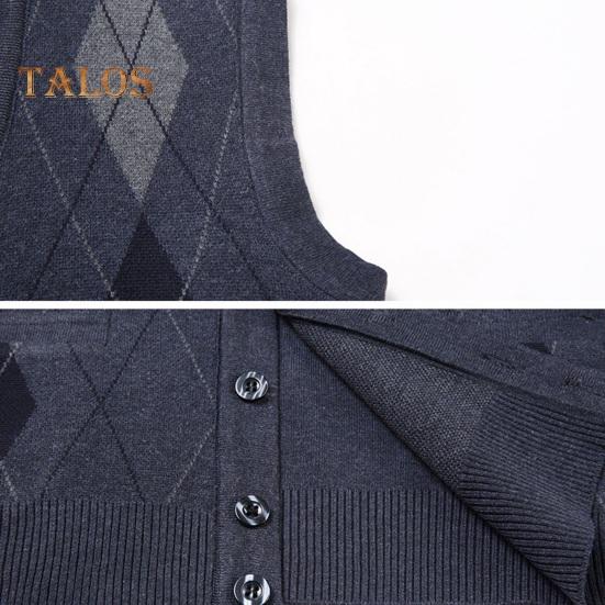 Men Autumn Winter Cardigan Sweater Single-breasted V Neck Sleeveless Buttons Color Matching Stretchy Pockets Knitted Vest Mid-aged Male Top