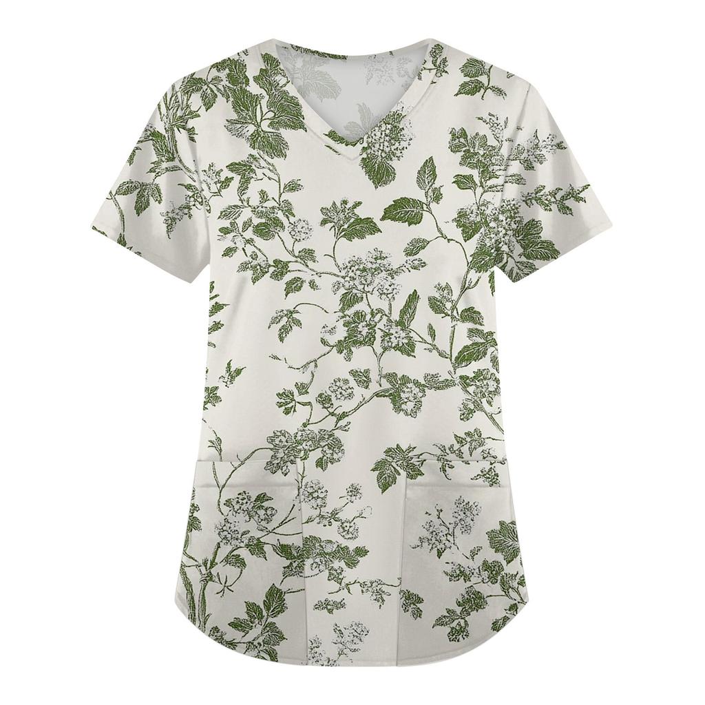 Женская мода с коротким рукавом и V-образным вырезом с карманами и цветочным принтом Топы Одежда