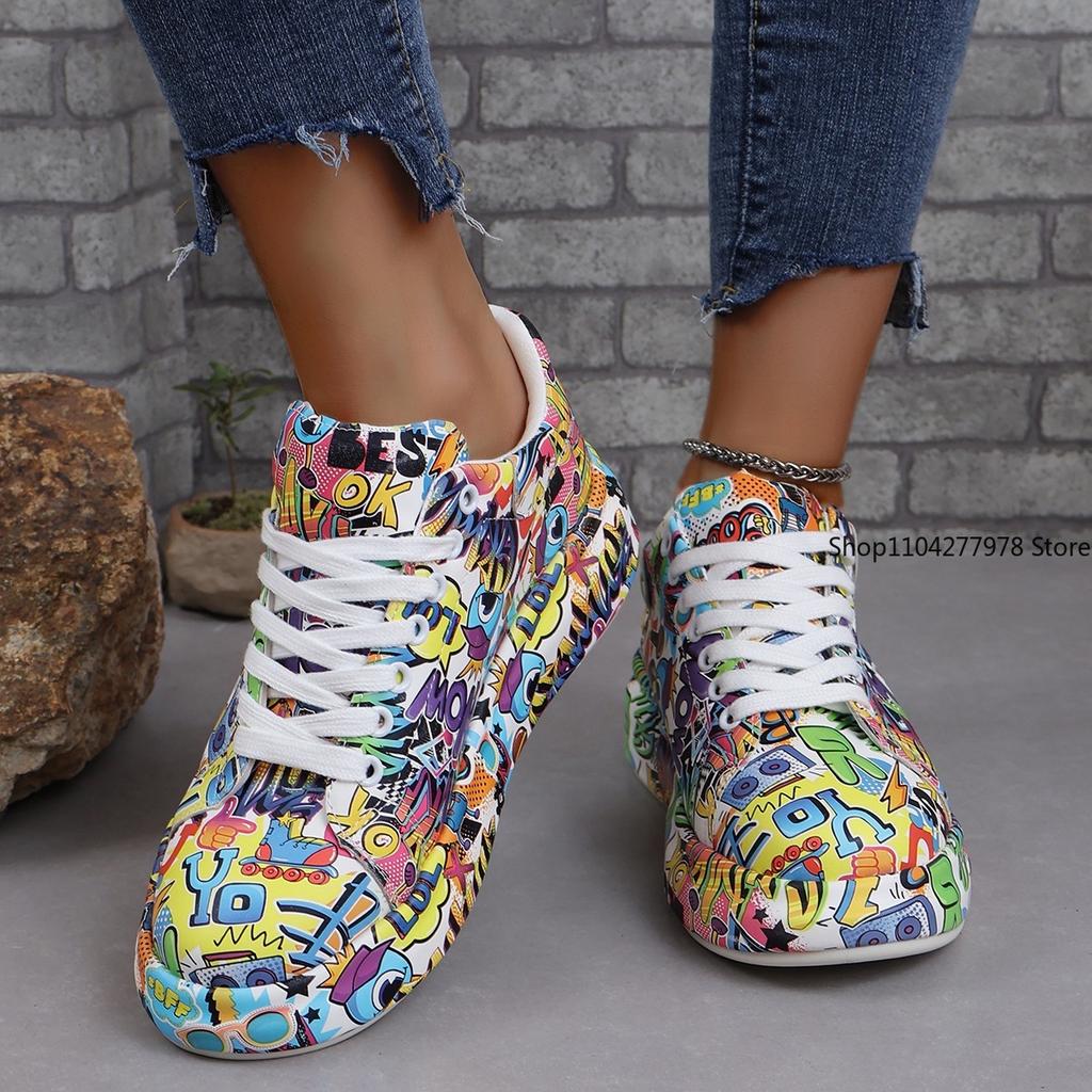 Fashion Plus Size 43 Women Sneakers Thick-soled Shoes Summer Hand-painted Graffiti Shoes Outdoor Casual Women Sneakers Zapatos De Mujer
