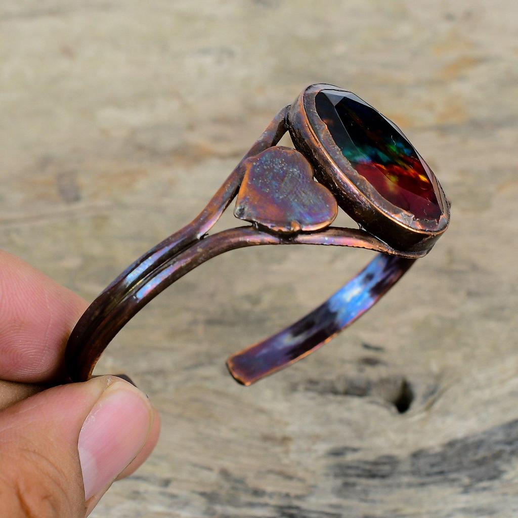 Граненый браслет-бенгл из аммолита, браслет-манжета из электроформованной меди, регулируемый браслет-бенгл с драгоценным камнем, украшения из античной меди, браслет ручной работы, подарки для мамы