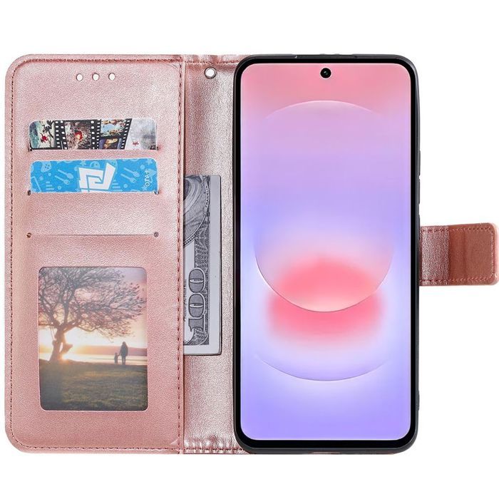 Coque pour Samsung Galaxy A37 5G, Antichoc Anti-Rayures Cuir PU Rose Motif Oriental - 2 Vitres