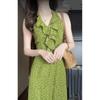 Summer New Vacation Green Floral Neck Dress Casual V-neck Sleeveless Suspender Long Dress Female Chic
