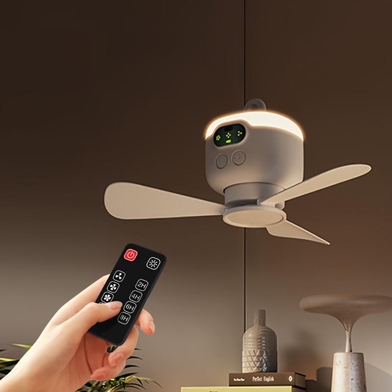 Portable USB Rechargeable Ceiling Fan with LED Light, 8000mAh Battery, Remote Control, White, Lightweight Plastic, Portable Fan