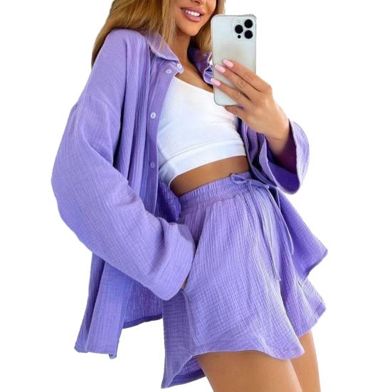 2 шт./компл., женская рубашка, шорты, комплект, однобортный однобортный комплект с высокой талией и длинными рукавами, свободный шнурок, эластичная резинка на талии, однотонный женский наряд