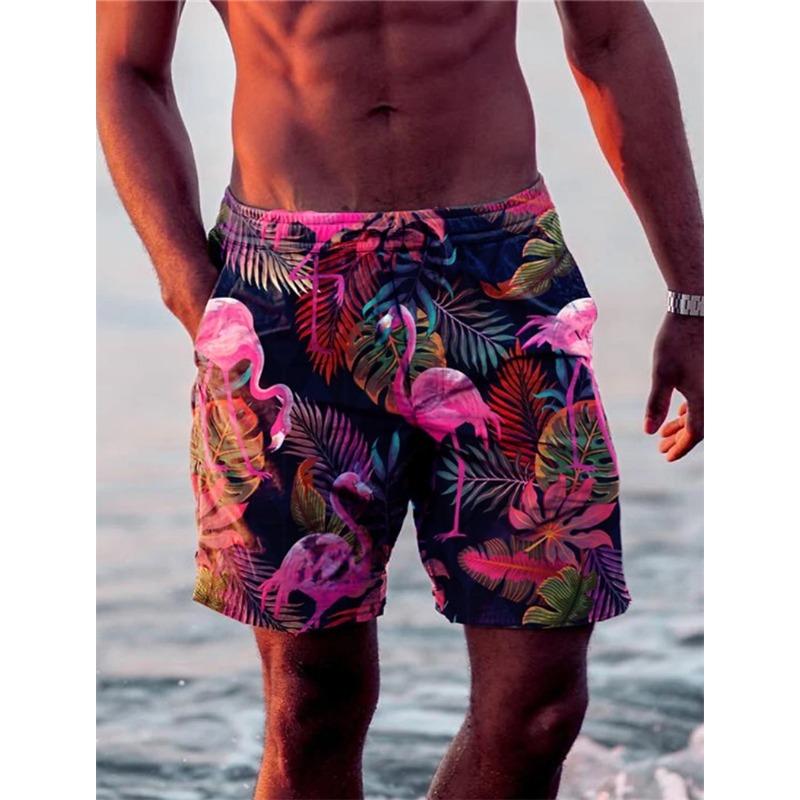 Tropical Plant Leaf 3D Men's Graphic Shorts Flamingo Print Hawaiian Beach Trunks Ice Short Pants