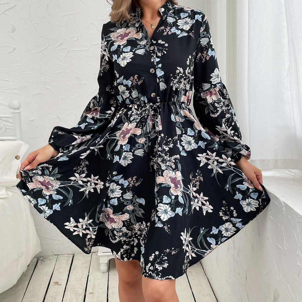 Women's Vintage Floral Print Long Sleeve V-Neck High Waist Casual Dresses