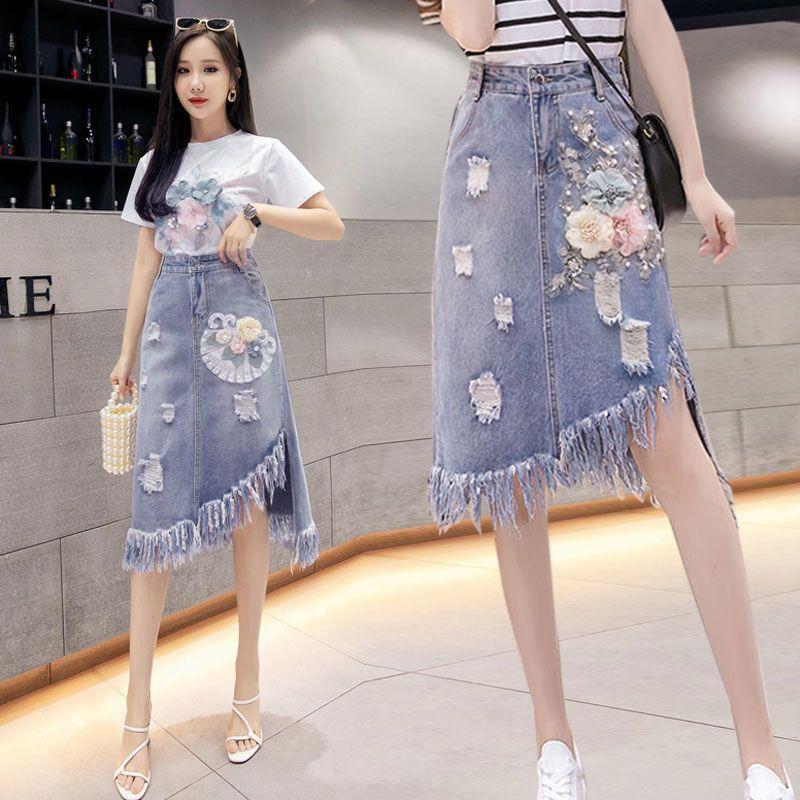3D Floral Embroidered Denim Skirt with Tassel and Irregular Hem for Women
