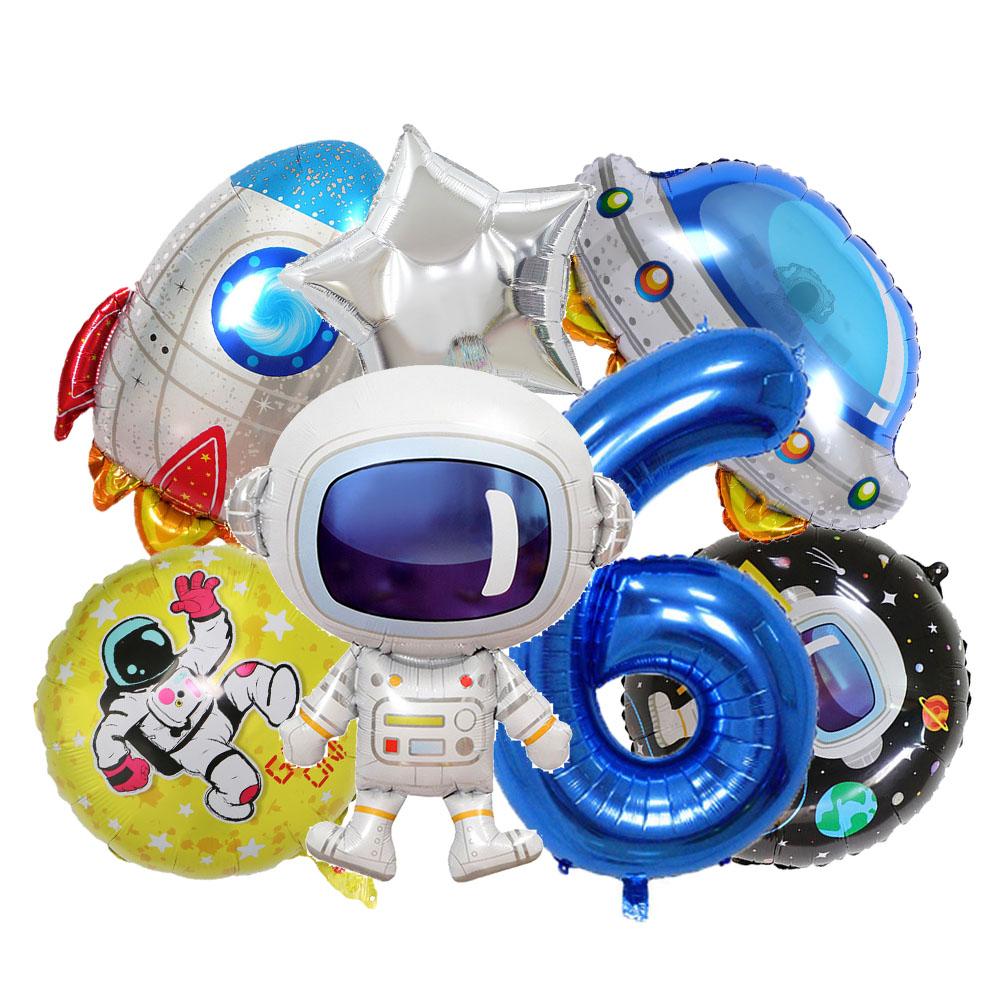 7 Pcs Rocket Astronaut Foil Balloon Universe Outer Space Theme 0-9 Years Old Children Boys Birthday Party Decoration Baby Shower