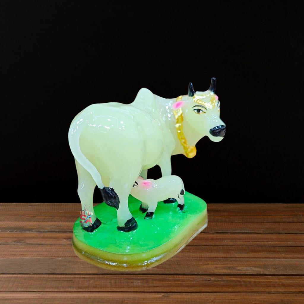 Handicraft Decorative Polystone Cow and Calf Big Statue/Idol for Gift Home Decor 8 Inch (Radium 3 Inch)