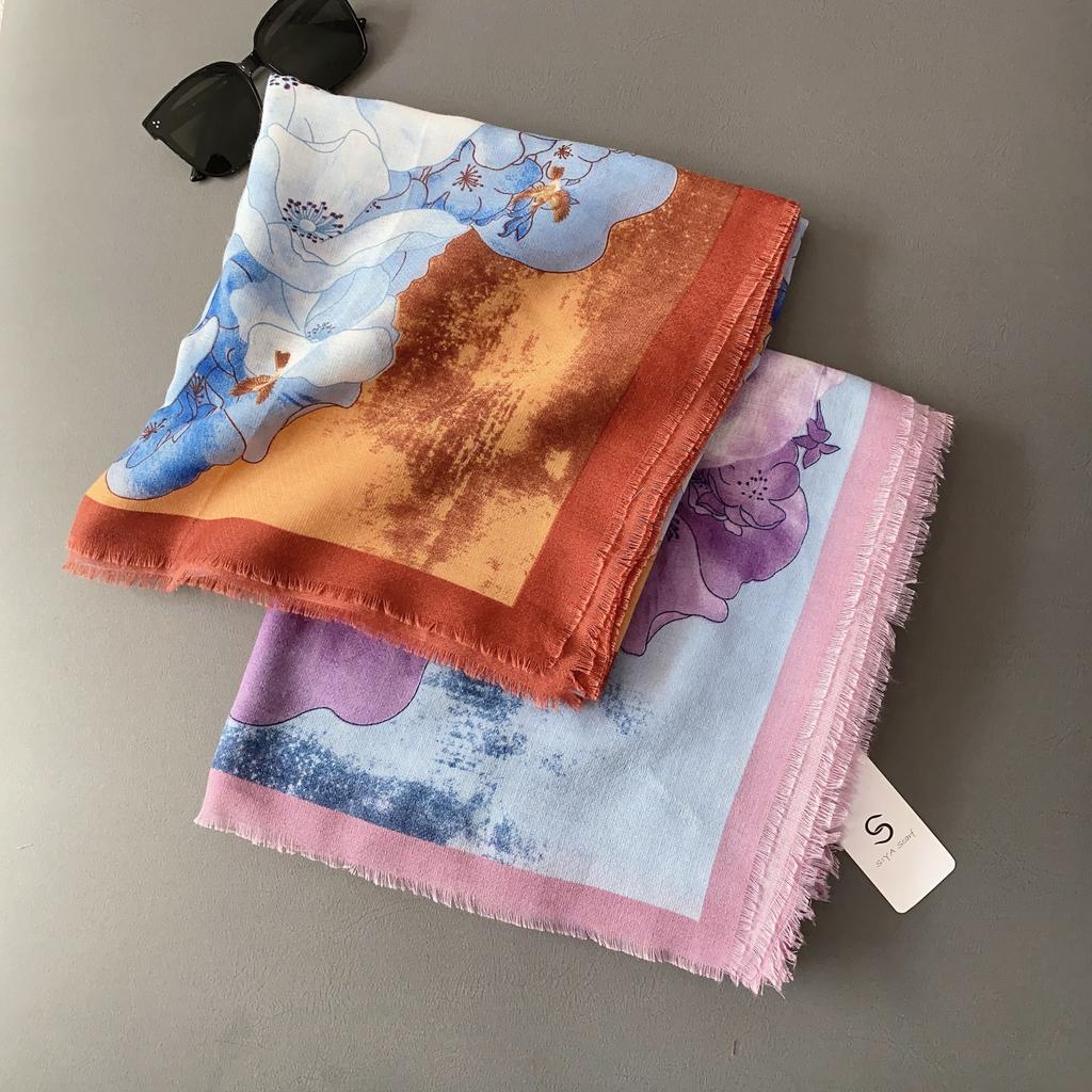 New 130 Beard Removal Large Square Scarf Femininity Purple Flower Shawl Versatile Fashion Scarf Mother's Day Gift