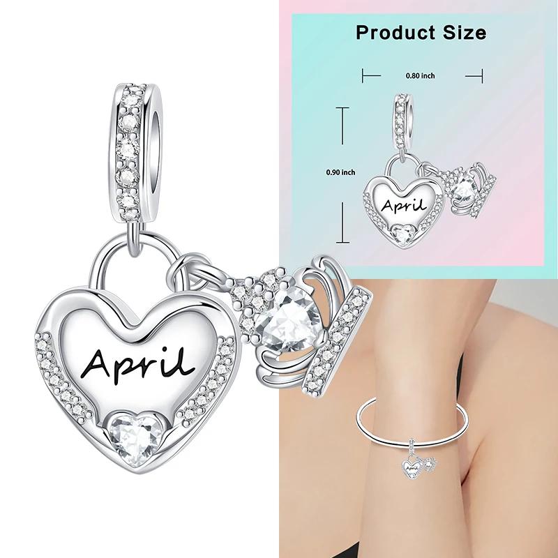 925 Silver 12 Months Birthstone Heart-shaped Beads Charms Fit Original Bracelet Charm Beads Necklace Diy Female Jewelry