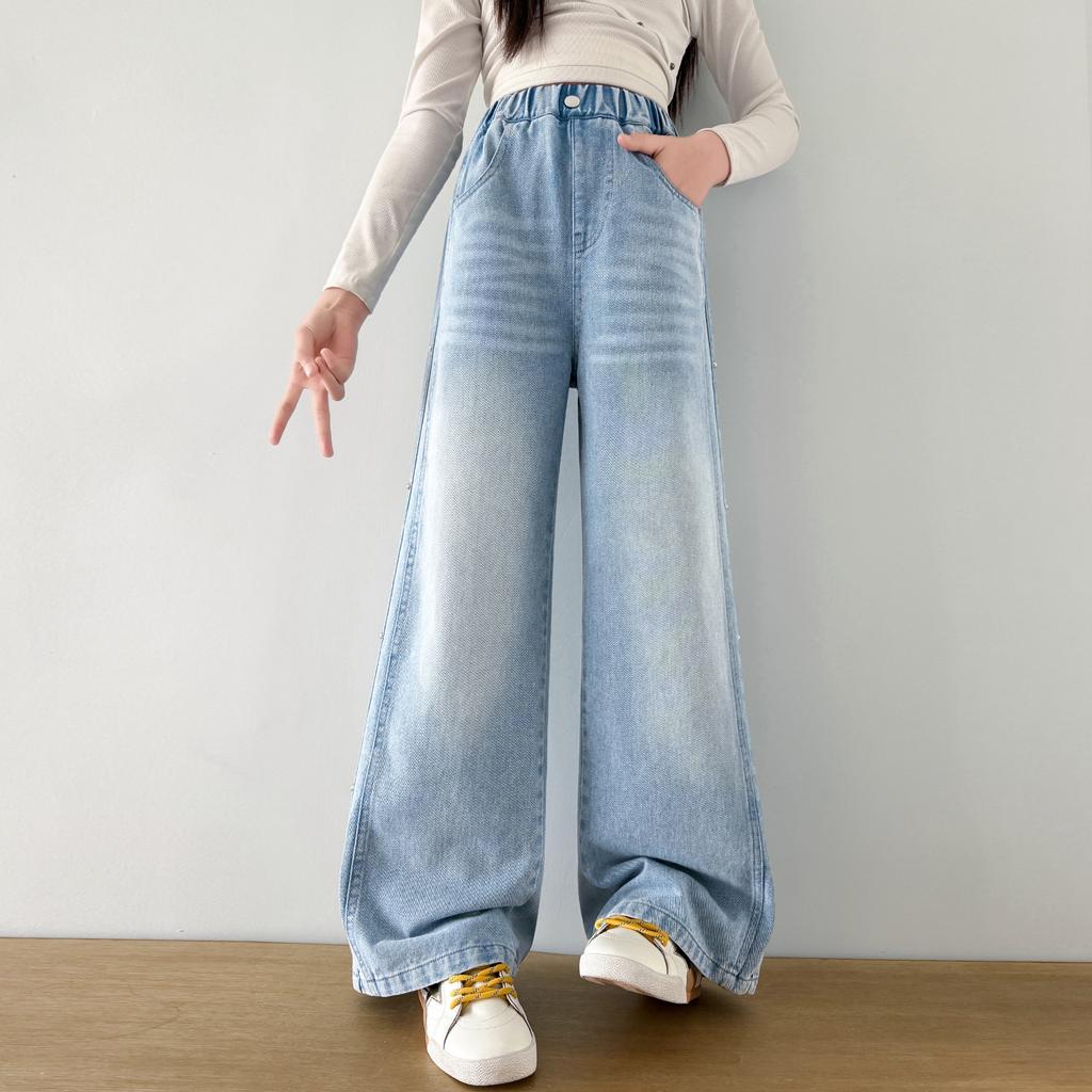 Girls' pants for spring and autumn fashion, children's mid to large length straight leg wide leg pants, spring thin styles, girls' nail bead jeans