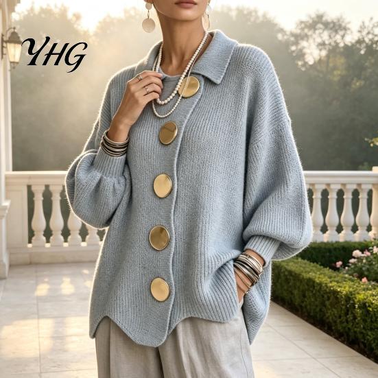 Long Sleeve Sweater Women Oversized Knit Cardigan Sweater, Collared Top with Large Metal Casual Buttons, Loose Lantern for Spring Autumn