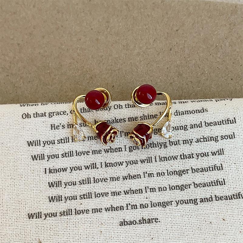 Ankola Red Rose Flower Pearl Zircon Stud Earrings Women Wear Niche Personality Fashion Versatile Earrings