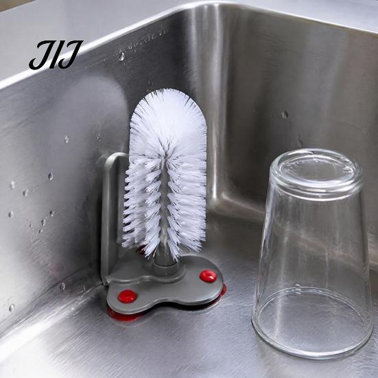 Durable Plastic Scrubber Suction Cup Bottle Brush, Wall Mounted Rotating Cleaning Scrubber, Home Kitchen Gadget Thick Bristles Sink Accessory
