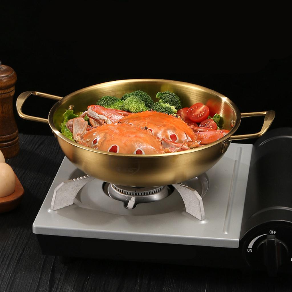 Кастрюля из нержавеющей стали для приготовления лапши быстрого приготовления, маленькая кастрюля для тушения на одну персону, сухая кастрюля с плоским дном и двумя золотыми ушками, бытовая газовая кастрюля для супа из морепродуктов