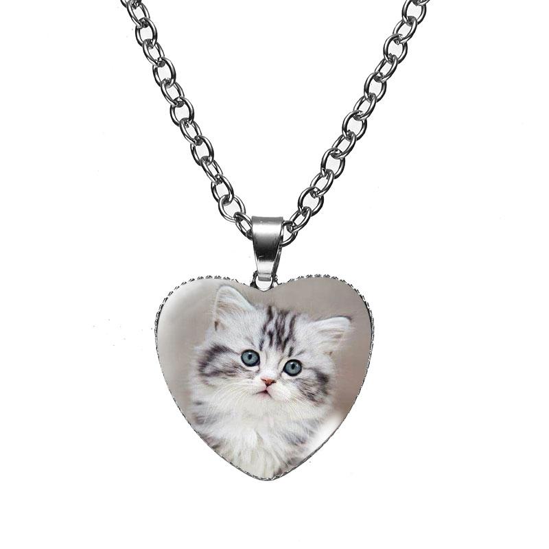 Женская мода милый питомец котенок стеклянный кабошон сердце форма ожерелье кулон ожерелье ювелирные изделия аксессуары подарки