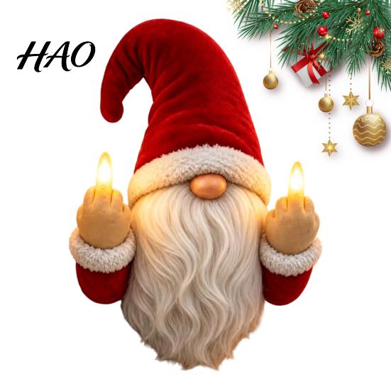Gnome Statue for Shelf Lighted Ornament, Christmas with Light Up Middle Fingers, Tabletop Holiday Decoration Display or Wall Hanging, Funny