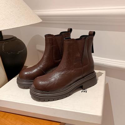 Вымытая коровья кожа~ Женские короткие ботинки на внутренней платформе Челси осенне-зимние бархатные на толстой подошве универсальные и стройнящие ботинки Мартин Дымчатые ботинки