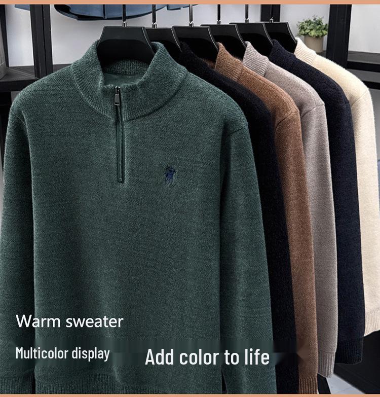 Men's Trendy Fleece Zipper Sweater - Loose, Warm, Plus Velvet, Half-High Collar Knitwear for Winter