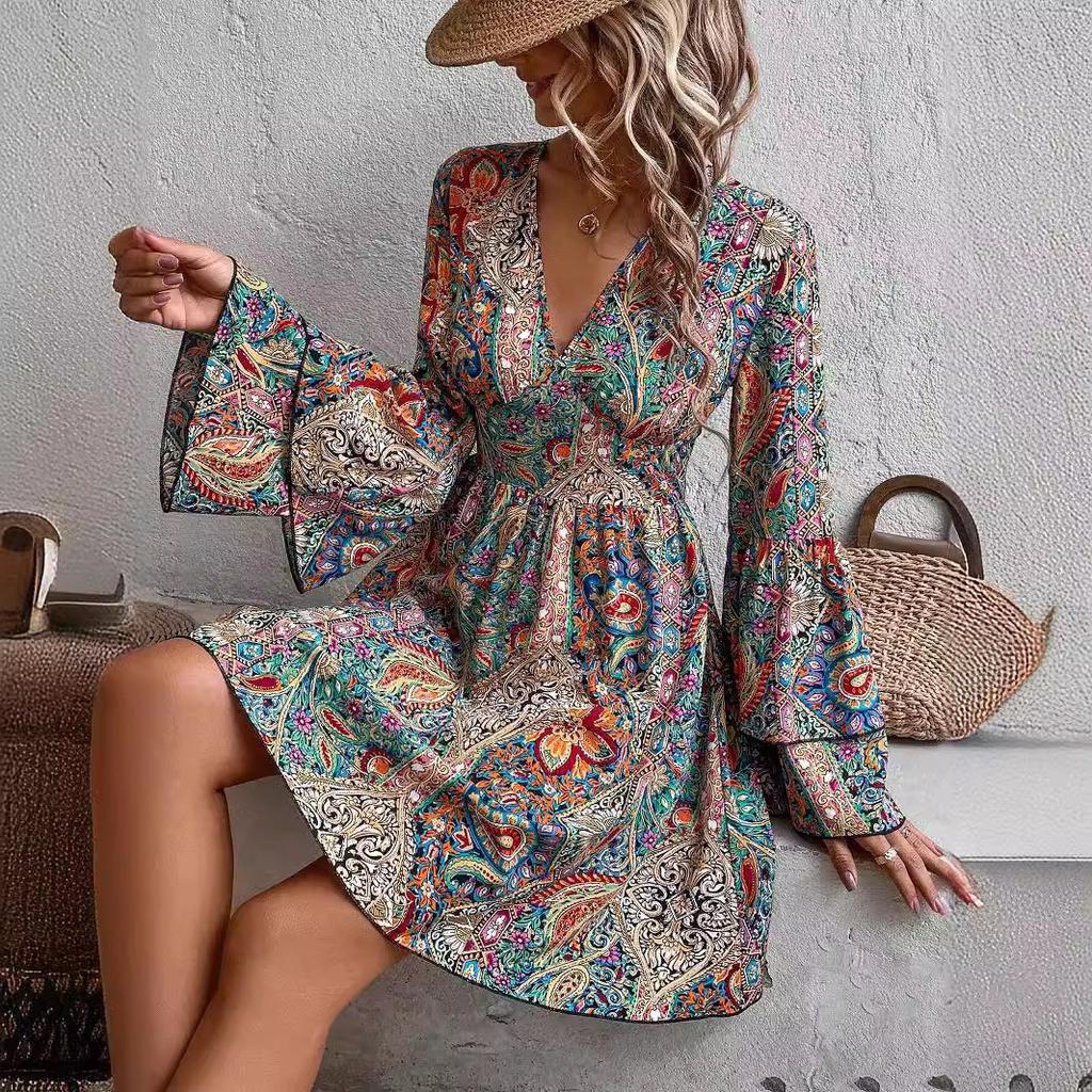 Women's Fashion Spring Fall Long Sleeve V-Neck High Waist Casual Dresses