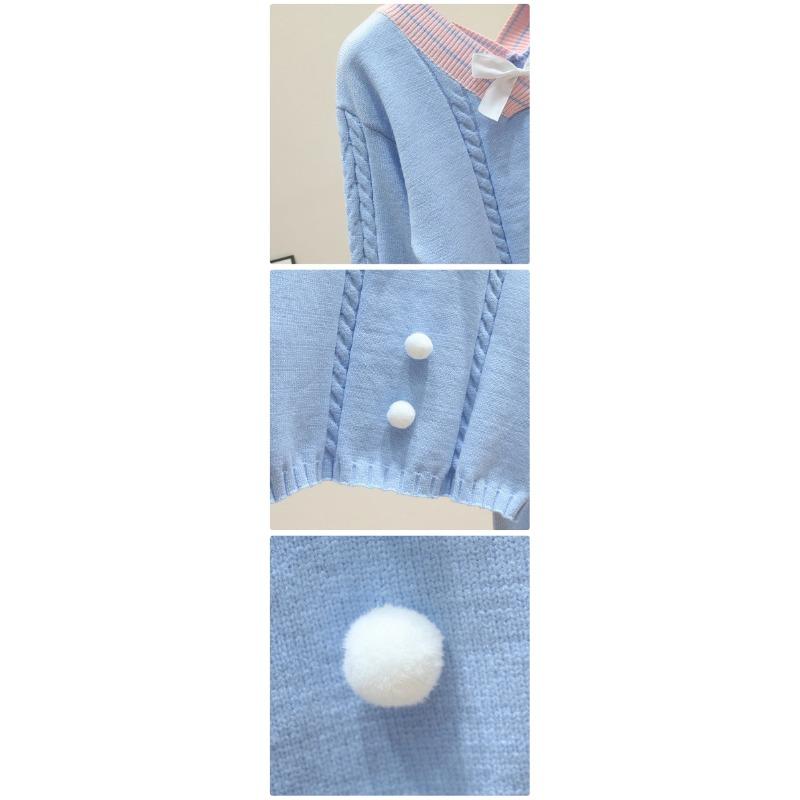 Women's Kawaii Short Knitted Sweater Sweet Candy-colored Bow V-neck Pullover Women's 2024 Spring Leisure Lantern Sleeve S