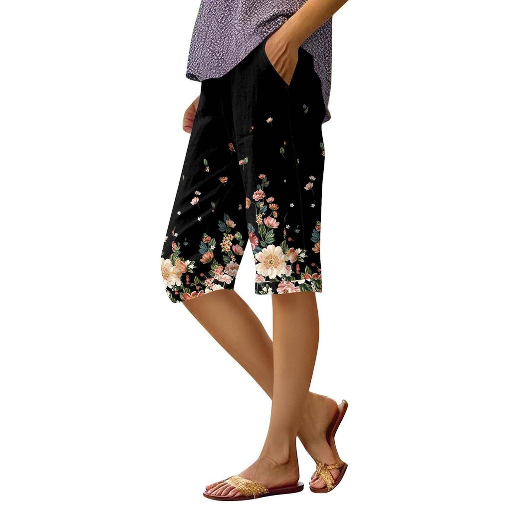 Женские брюки с принтом, модные повседневные шорты с карманами и эластичной резинкой на талии