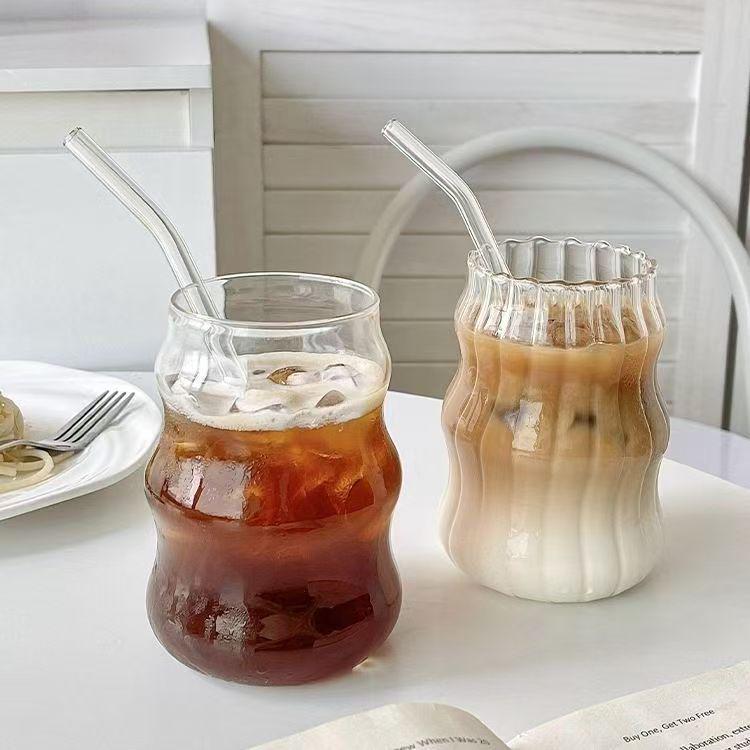 High-Value Cloud Cup: Ribbed Borosilicate Glass with Straw for Milk & Coffee
