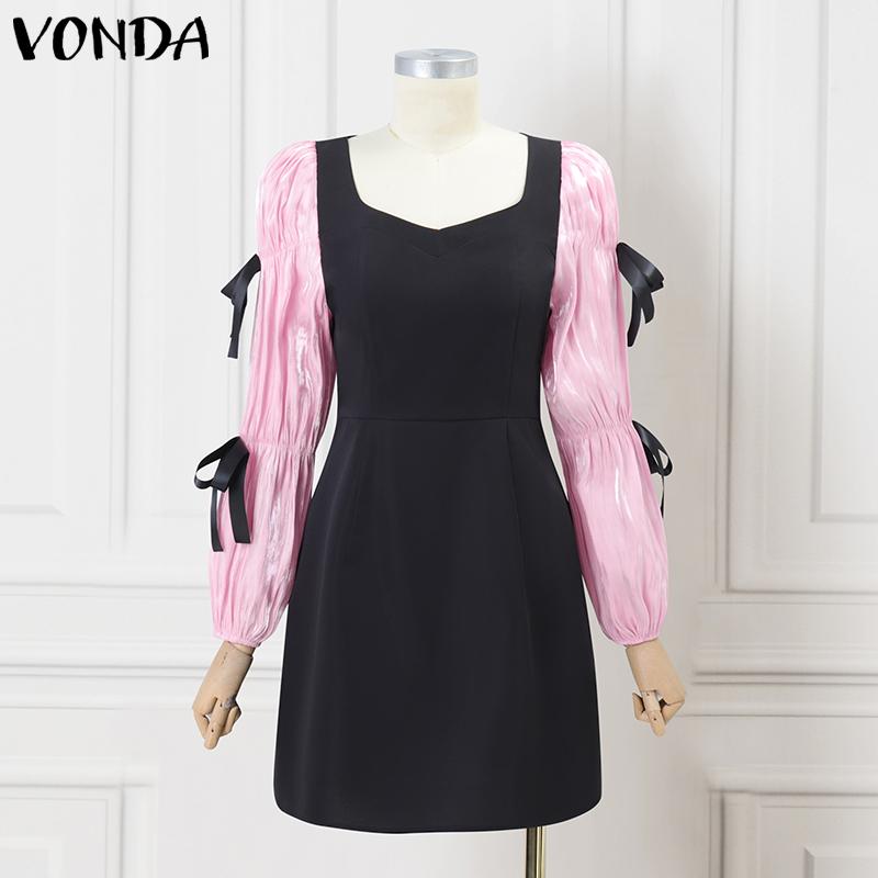 VONDA Женские летние платья А-силуэта с квадратным вырезом и завязкой-узлом, с длинным рукавом и поясом