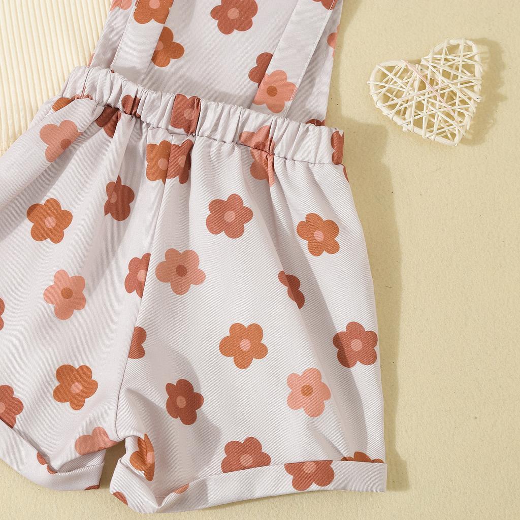 Toddler Girl Summer Outfit Solid Color Ribbed Short Sleeve Tops and Flower Print Suspender Shorts Overalls 2Pcs Clothes Set