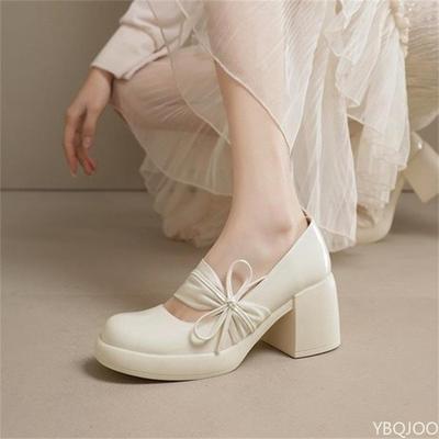 Женские Модные Универсальные Туфли на Высоком Каблуке Весна Осень Элегантные Простые Женские Туфли Бант Толстый Каблук Туфли с Неглубоким Вырезом