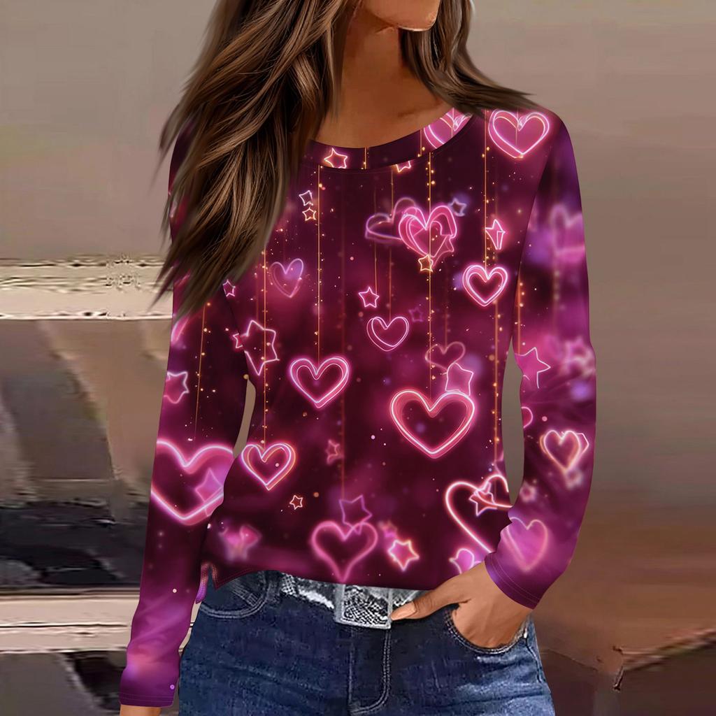 Women's Fashionable Long-Sleeved Round Neck Top with Slit Hem and Valentine's Day Heart Print