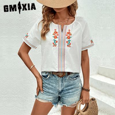 Летняя женская повседневная рубашка с V-образным вырезом и вышивкой