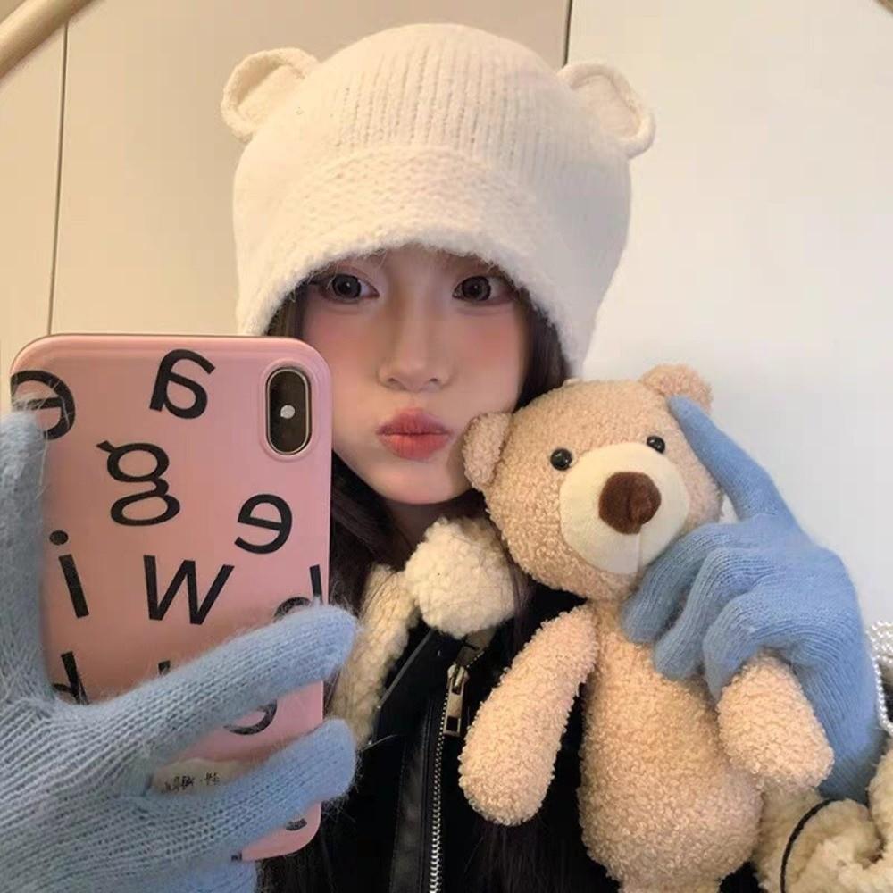 Cute Warm Beanie Hats Y2k Ear Protection Cap Fashion Bear Ear Knitted Cap  Streetwear