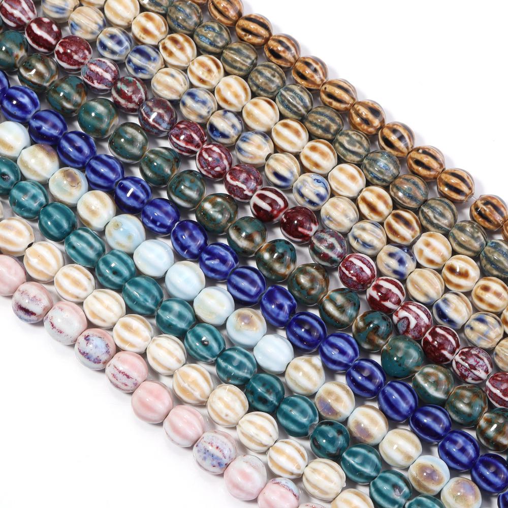 28pcs/string Pumpkin Shape Stripe Ceramics Beads Colorful Floral Glaze Porcelain Beads For DIY Charms Neckalce Bracelet Jewelry