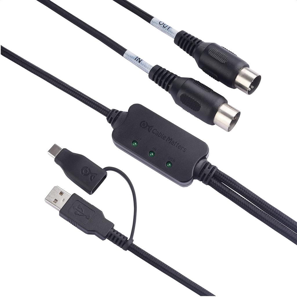 Cable Matters MIDI Cable, 2m, MIDI To USB Converter Cable, USB To MIDI Cable, MIDI To USB C Converter Cable, Black
