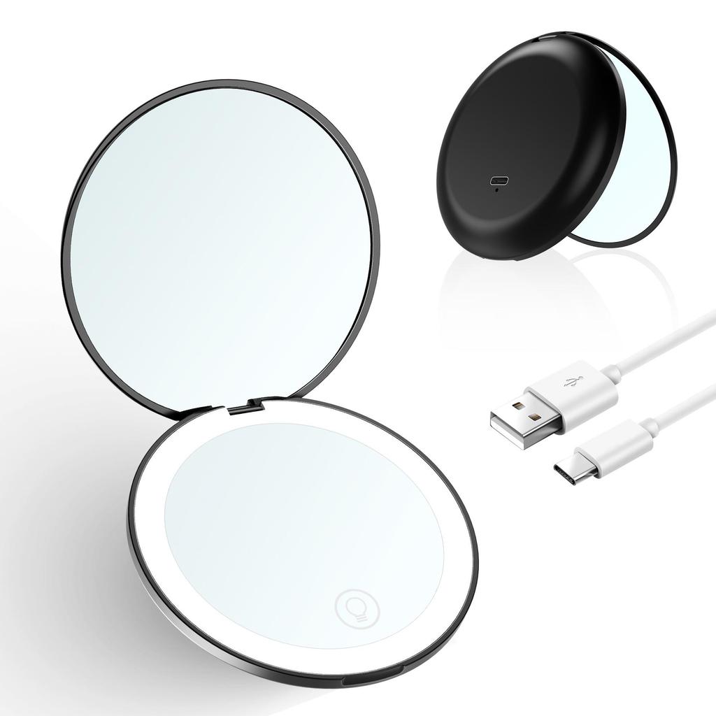 Portable Rechargeable LED Makeup Mirror with Stepless Dimming, Double-Sided Folding Design, Ideal for Travel